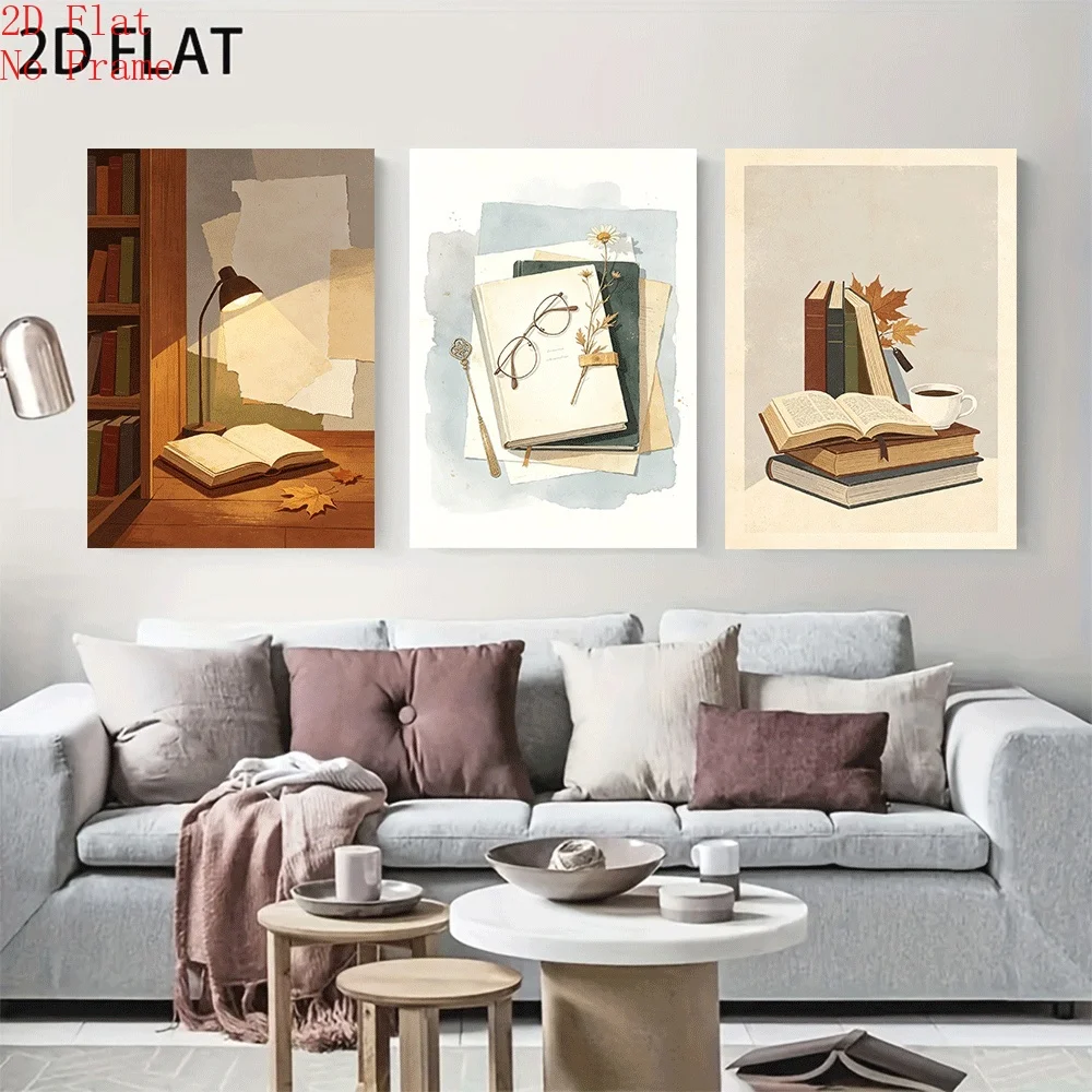 2D Flat, 3pcs Frameless Canvas Wall Art Suitable for Home Office Library Decor - Vintage Book & Coffee Prints, Retro European