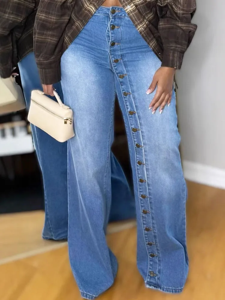 Fashion Retro Women's Multi Button Straight Leg Denim Pants 2025 Spring New High Waisted Wide Leg Pants High Street Female Jeans