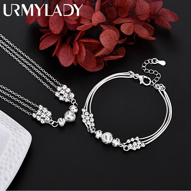 URMYLADY Fine 925 Sterling Silver Charm Beads Necklace Bracelet Jewelry for Women Men Chain Set Wedding Gift