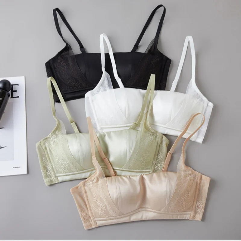 Birdtree, 93% Silk 7% Spandex Bra, Women Satin Lace Wireless Underwear, 3/4 Cup, Elegant Breathable Brassiere, 2026 New A63426JF