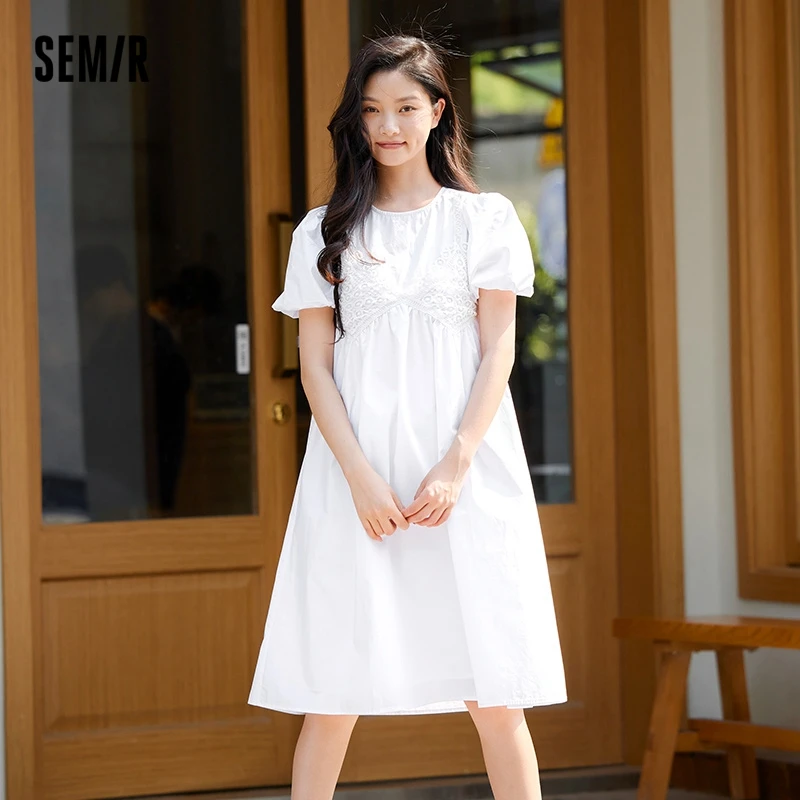 Semir Women Dress Stitching Fake Two Pieces White Bubble Sleeves 2023 Summer New Loose Cut-Out Dress Temperament