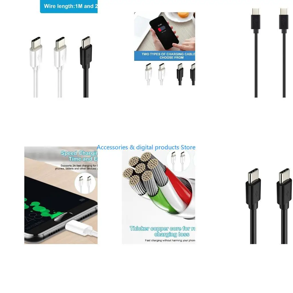 77JD 1m/2m Double End Type C Data Line 3A Quick Charging Power Cable Wire Supports Stable Data Transfer for Tablets Phones