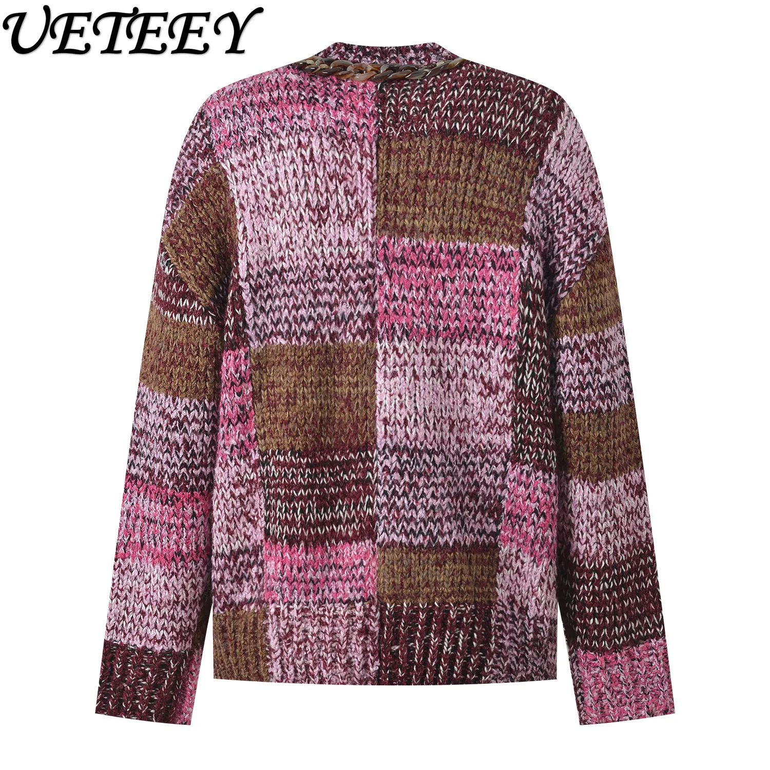 2025 Herfst Winter Nieuwe Kleurblok Losse V-hals Gebreid Vest Niche Mode Veelzijdige Single-Breasted Trui Jas