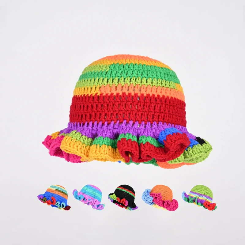 Colorful Crochet Ruffle Bucket Hat Warm Stretch Knit Hat Women's Fashion Handmade Beanie Hat All-Season Photoshoots Tool