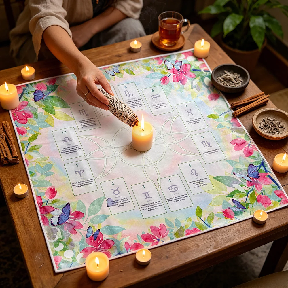 Floral Butterfly 12 Astrological Houses Tarot Cloth | Zodiac Birth Chart Divination for Tarot Oracle Card Reading