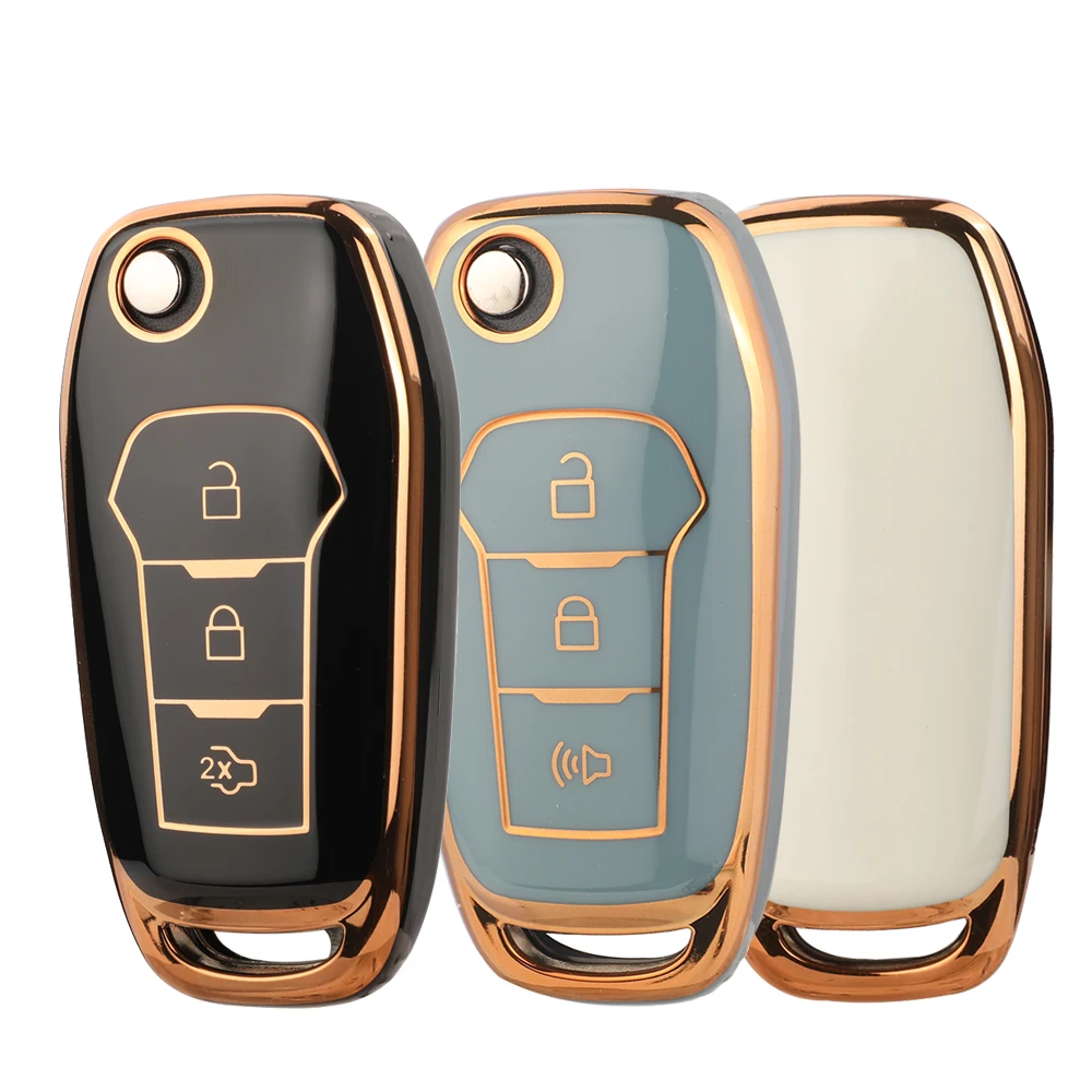 Jingyuqin TPU Car Remote Key protect Shell Case CoverFor Ford glossy surface gold rim black white gray Safe durable 3 Buttons