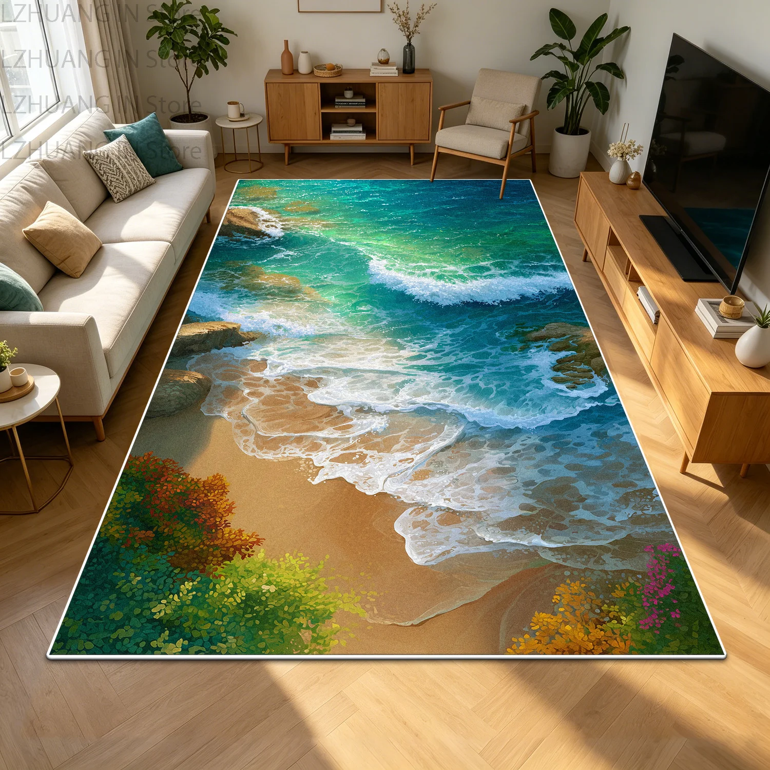 Beach Ocean Wave 3D Decorative Rug for Living Room Blue Short Velvet Soft Antiskid Room Rug Washable Fluffy Entrance Door Mat