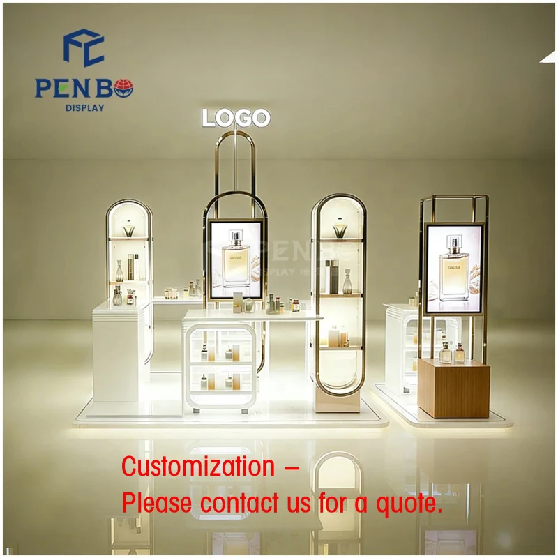 custom.Modern White & Gold Design Premium Perfume Display Kiosk Multi-Tier Shelves With Built-In Lighting Perfume Disp