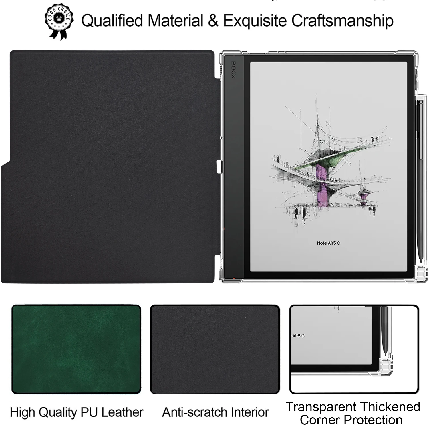Transparent TPU Back Case for Boox Note Air 5 C (2025) Slim Cover with Auto Wake/Sleep, Built-in Pen Holder, Magnetic Closure