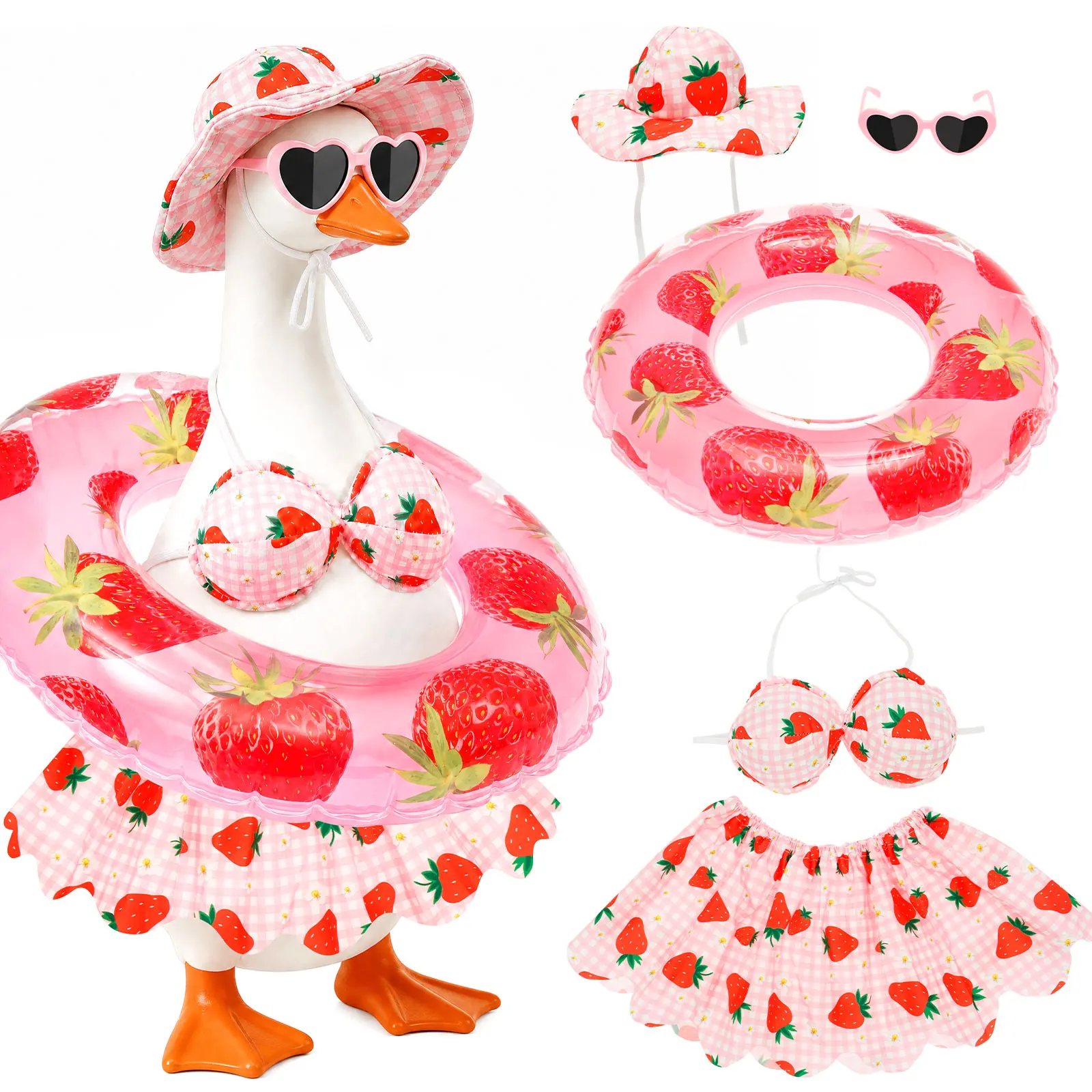 23 Inch Porch Goose Bikini Outfit Hawaiian Summer Cement Goose Statue Costume with Swim Ring and Hat for Lawn Garden Party Decor