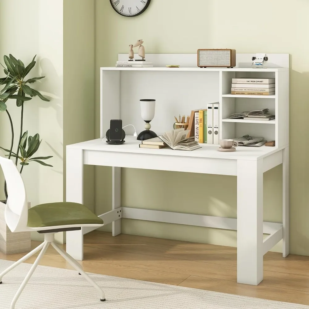 White Computer Desk with Hutch, Power Outlets, Shelves & Cable Hole, Home Office Vanity Table