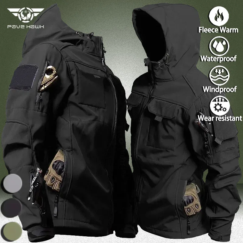 Waterproof Soft Shell Jackets Men Outdoor Shark Skin Multi-pocket Hooded Jacket Autumn Winter Wear-resistant Training Cargo Coat