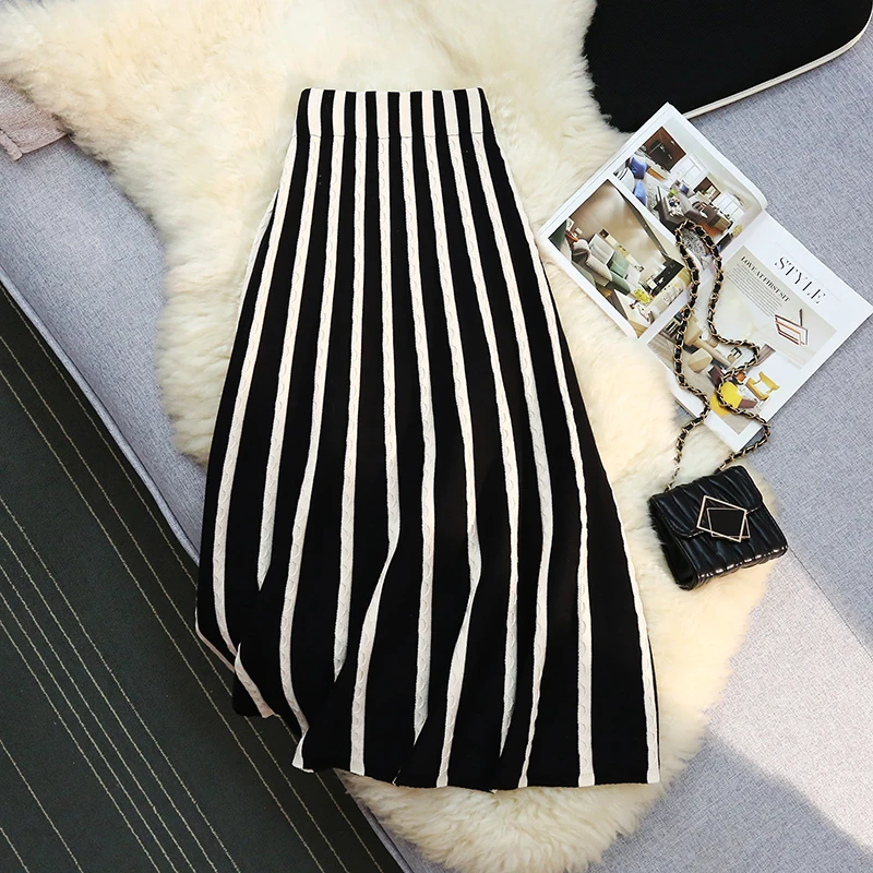 

Coigarsam Women Long Skirt Spring 2024 New Fashion Cute Striped Knitted High Waist Skirts