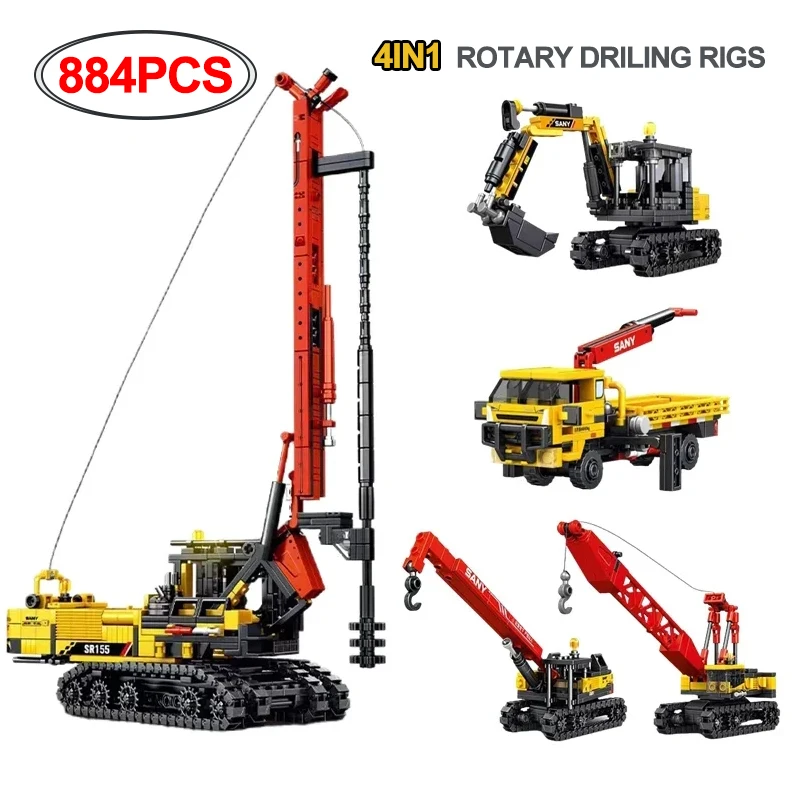 4in1 Rotary Drilling Rigs Building Blocks Kit City Construction Engineering Vehicle Excavator Crane Truck Bricks Kids Toys Gifts