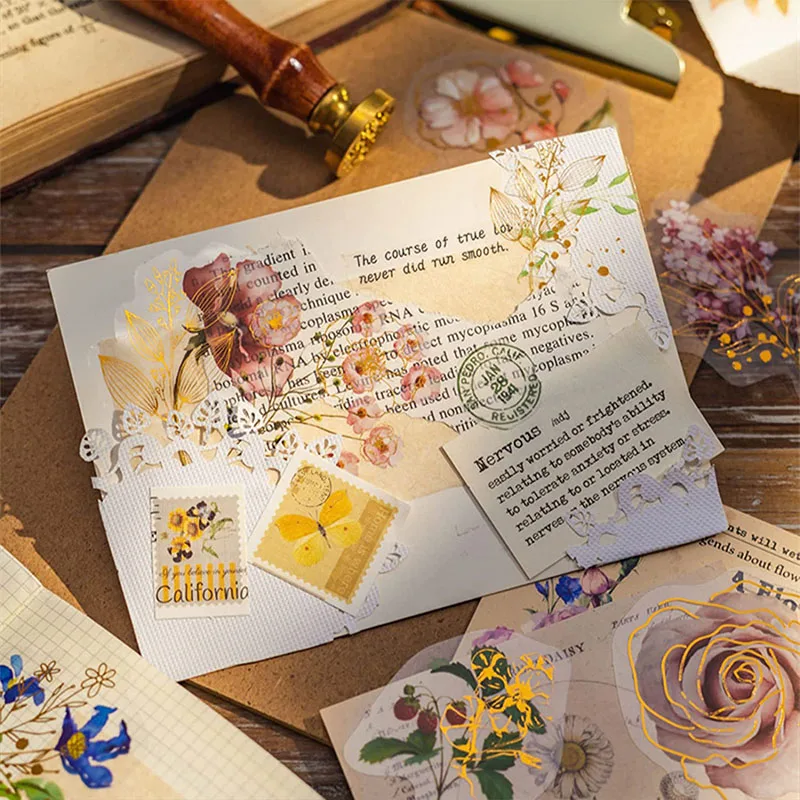 180PCS Vintage Natural Waterproof Decorative Stickers Transparent Gold Foil Plants Floral Stickers for Scrapbooking