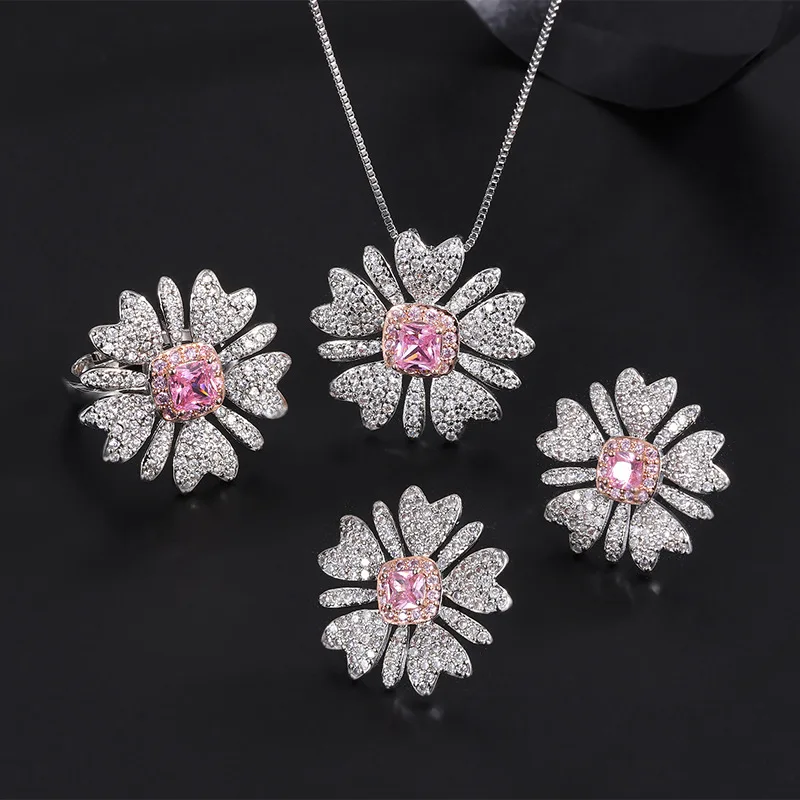 

Ethnic Style Retro Jewelry Three-Piece Set Pink Ring Earrings Necklace Micro Paved Full Diamond Pendant Stud Earrings