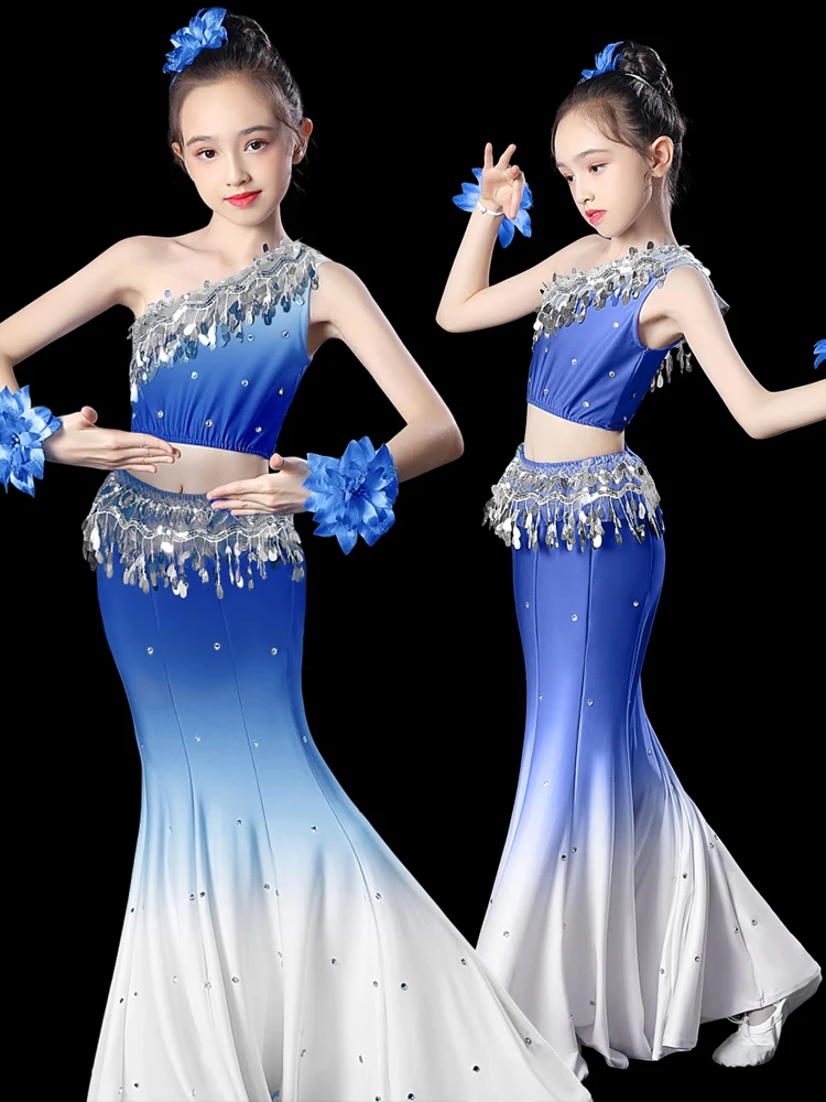 

Children's Tai Ethnic Dance Performance Costume Fi Tail Skirt for Solo Dance Water Splaing Festival Traditional Fem Wa...