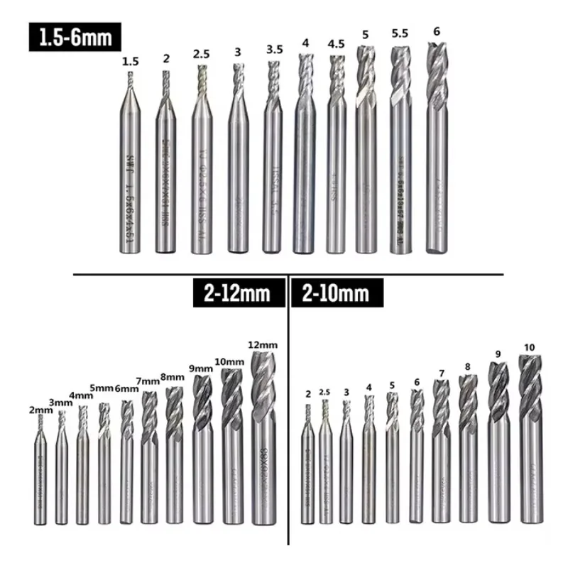 

10pcs/set 1.5-12mm HSS 4 Flute Milling Cutter 1.5-12mm End Mill Tool Set