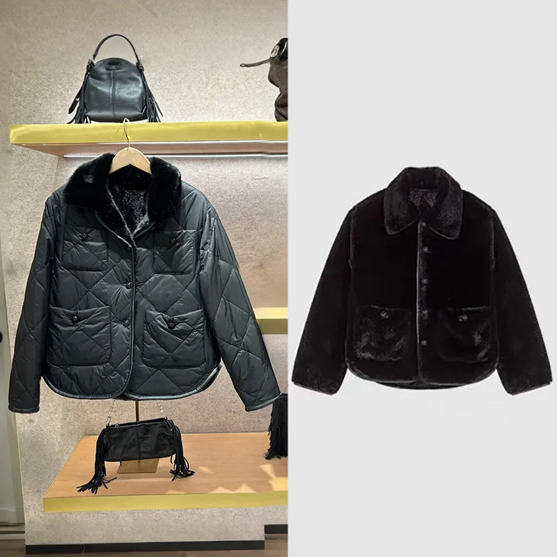

【Gift Free】2025 French Niche Autumn Winter Fashion Sequin-Decorated Faux Fur Collar Black Reversible Quilted Cotton Jacket