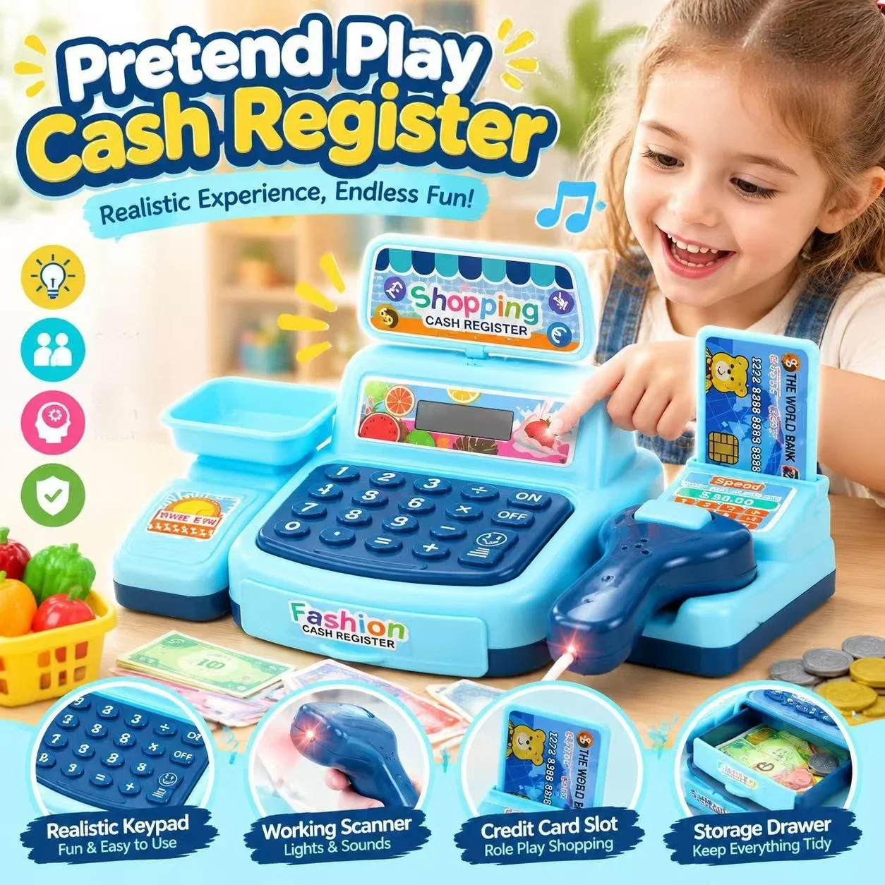 Simulation Supermarket Cashier Toys Shopping Cash House Toys Electronic Game Pretend Play Toys with Lighting and Sound Effects