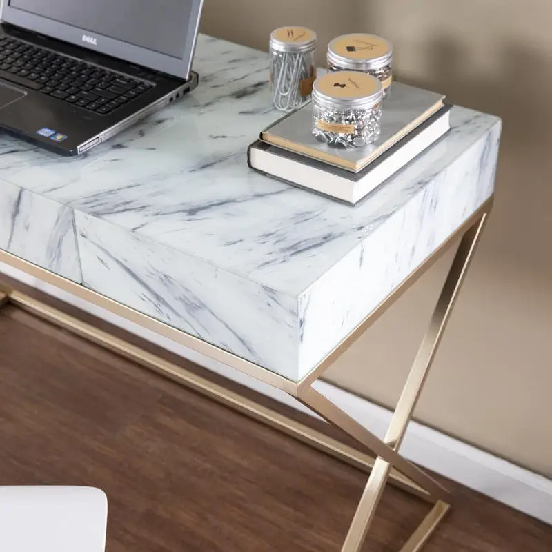 Faux Marble Writing Desk with Storage Solutions for Home Office Use