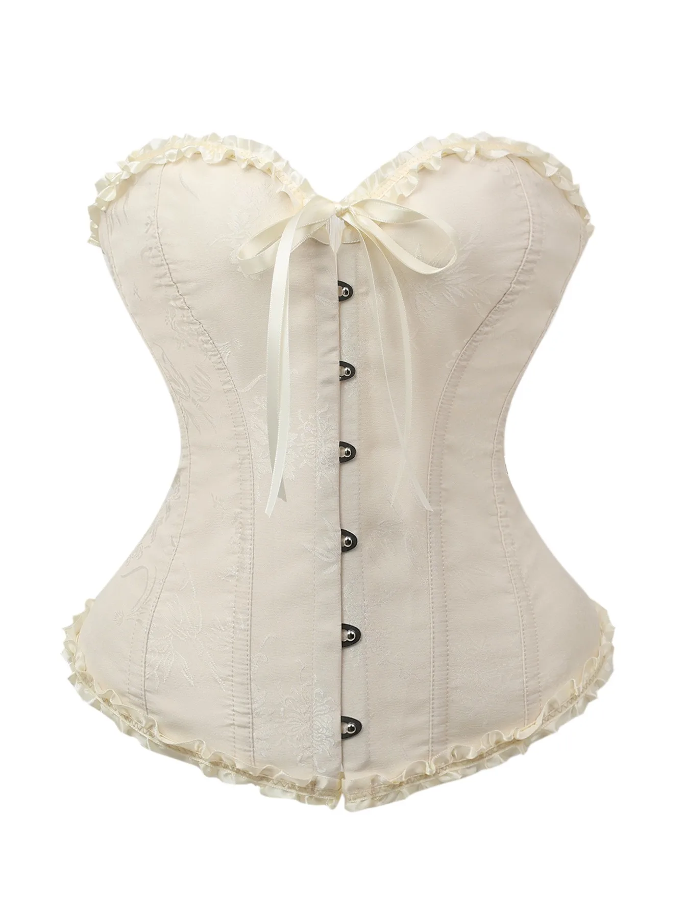 

Apricot colored jacquard ruffled waistband bodice with front fastening and back ties Corset