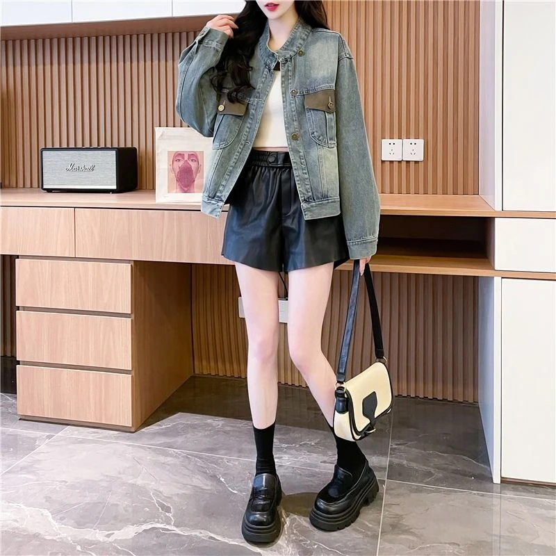 

2025 New Arrival Women's Petite Short Loose Denim Jacket Spring Autumn Chic Color Block Vintage Korean Style Youthful Design
