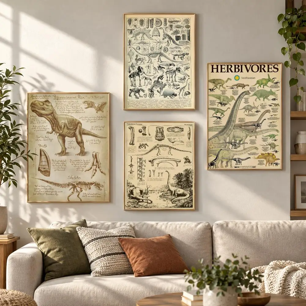 Retro Dinosaur Skeleton Vintage Fossil Science Series Poster Contemporary Wall Art Print for Bedroom & Living Room, Unframed