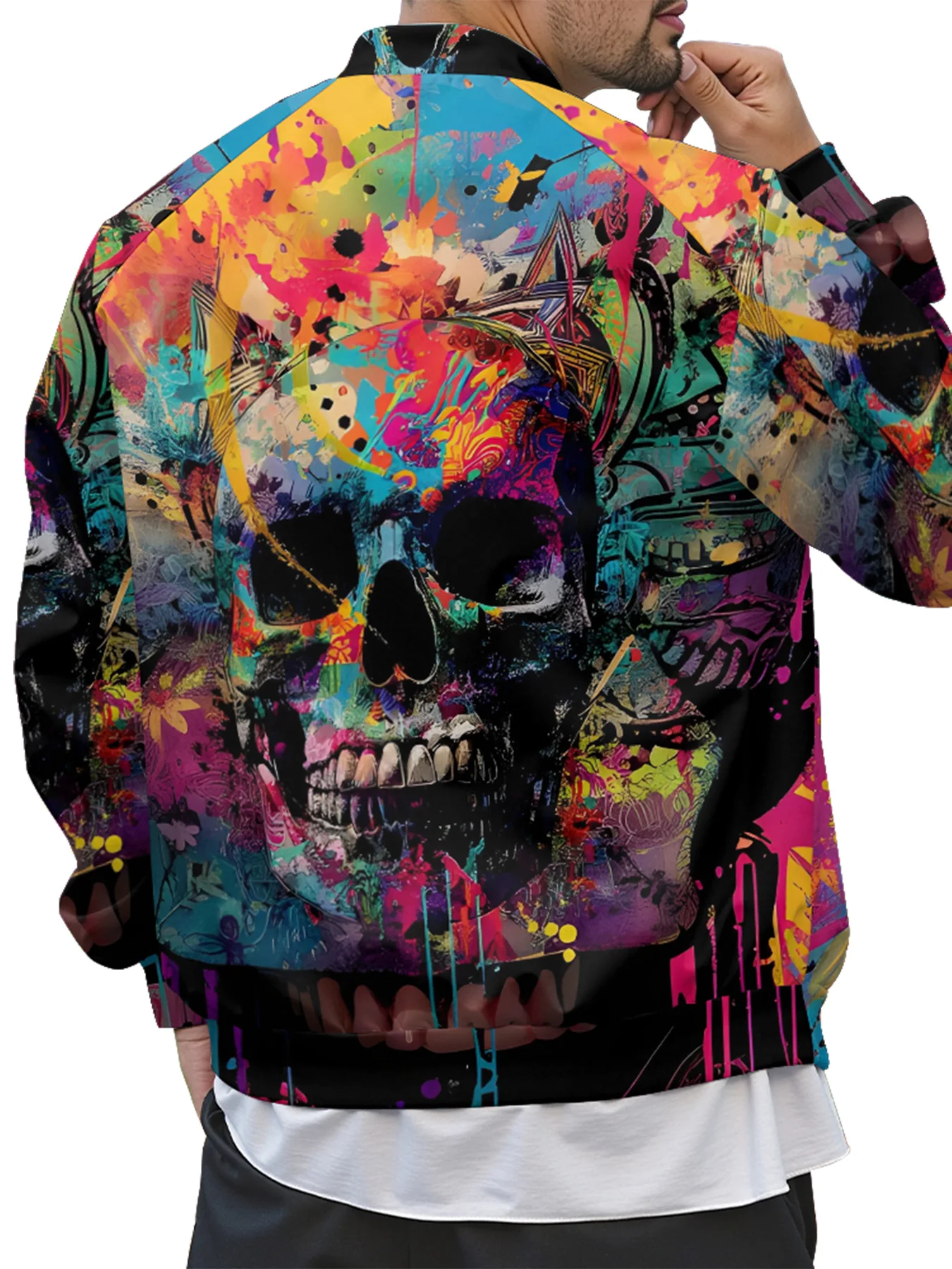 

Edgy Skull Print Baseball Jacket Rose Graffiti Dark Romantic Streetwear Coat Men Women Fashion Korean Street Fall Layering Piece