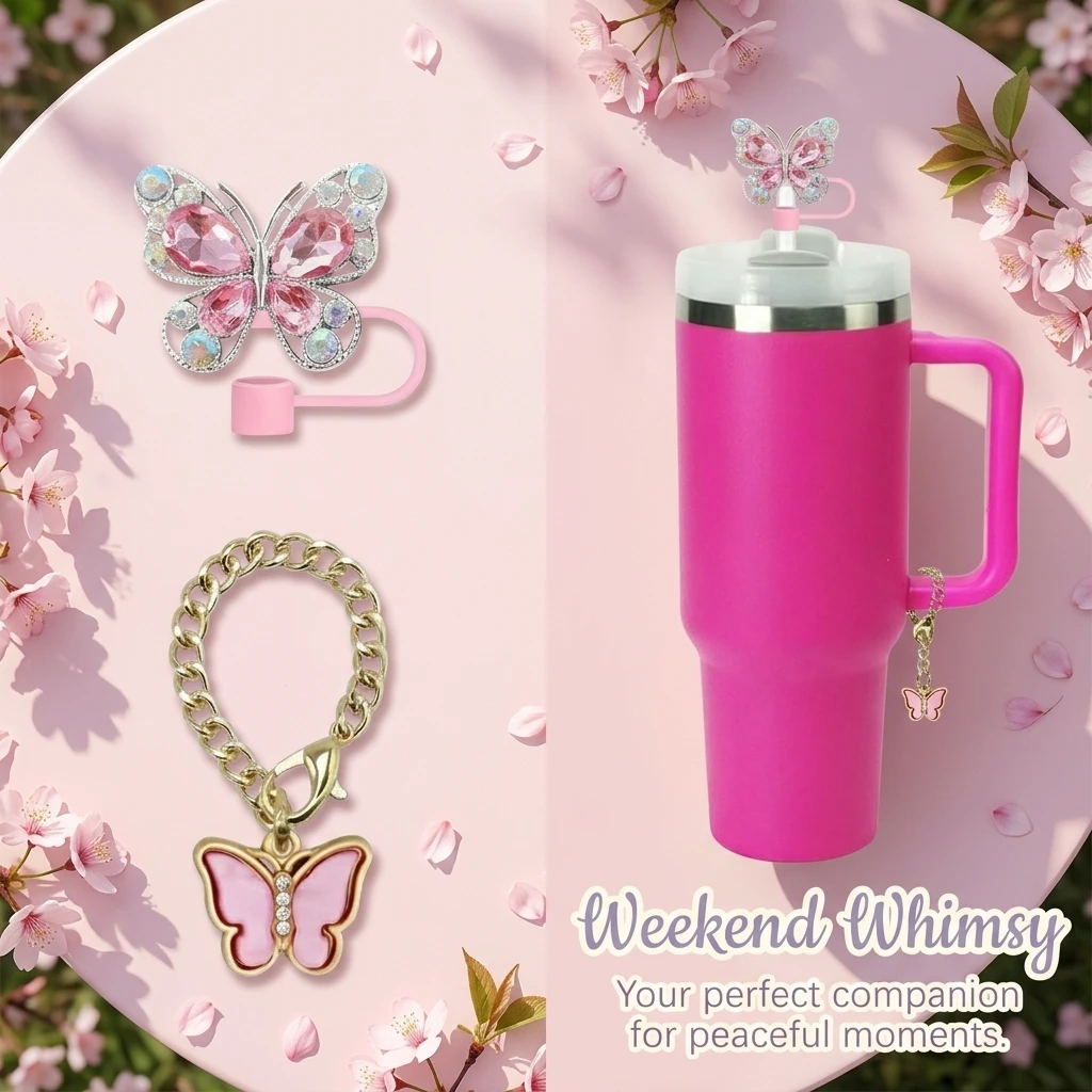 2pcs Tumbler Cup Accessories Set for Stanley 30oz 40oz Tumbler Cup Butterfly Straw Topper Cover and Chain Charm for Cup Decor