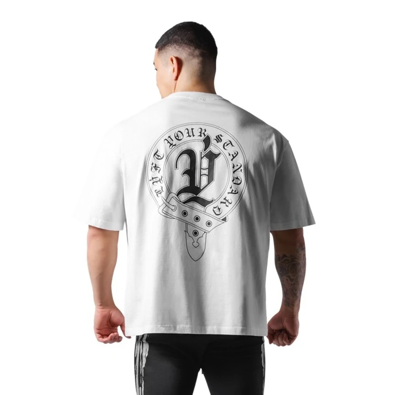 2026 Gothic Letter D Men's Gym T-Shirt, Emblem Back Graphic, Oversized Heavy Cotton Streetwear For Bodybuilding Powerlifting