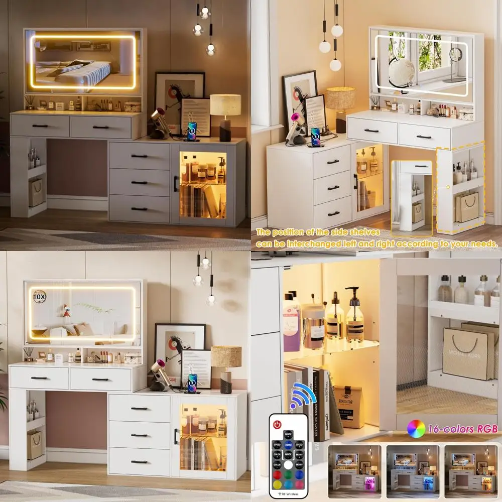White Makeup Vanity Desk with Mirror, Lights, and Charging Station, 3-Color Modes, Adjustable Brightness for Dressing Table
