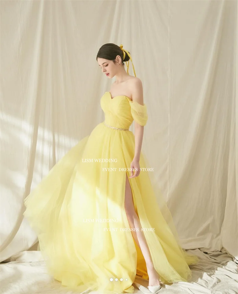 LISM Fairy Yellow Tulle Korea A-Line Evening Dresses Photo Shoot Sweetheart Off The Shoulder Side Split Formal Occasion Dress