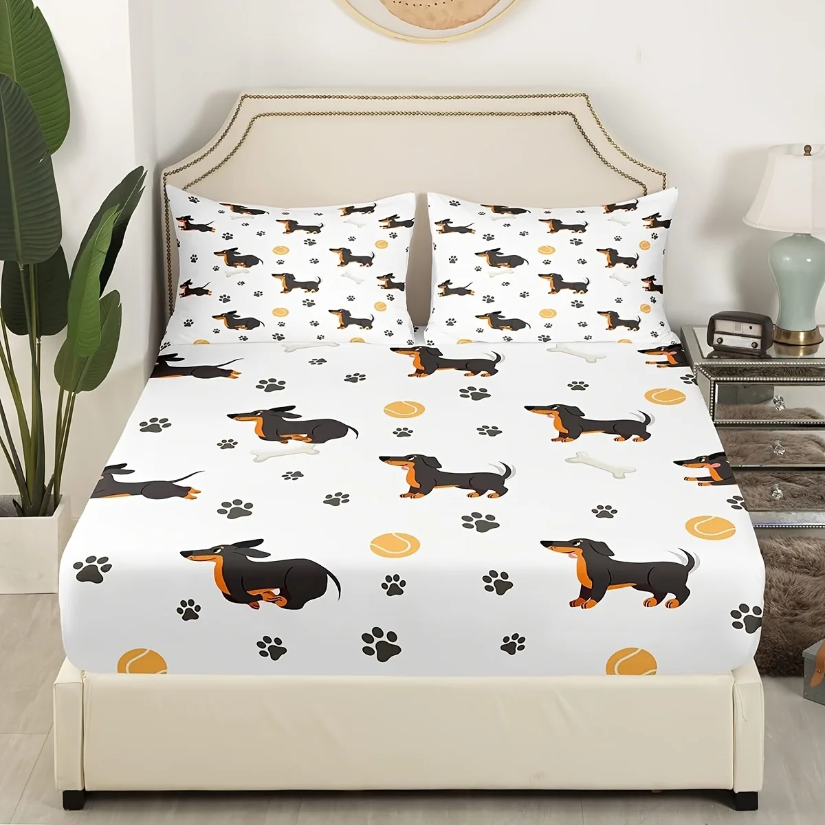 Soft Duvet Cover Set of Three, 1 Duvet Cover + 2 Pillowcases (Without Filling) 2D Flat Printed Duvet Cover Set of Three, Castle Fairy Cute Dachshund Bed Sheet Set, Christmas Decoration, Suitable for All Seasons, Machine Washable, Invisible Zipper, Large Duvet Cover Set, Bedding Set, Quilt Cover