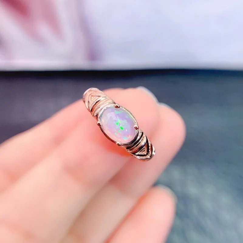 

Natural Opal Ring Silver Plater Copper Gemstone Blue Green Hollow Pattern Opal Delicate Jewelry Band Rings for Women