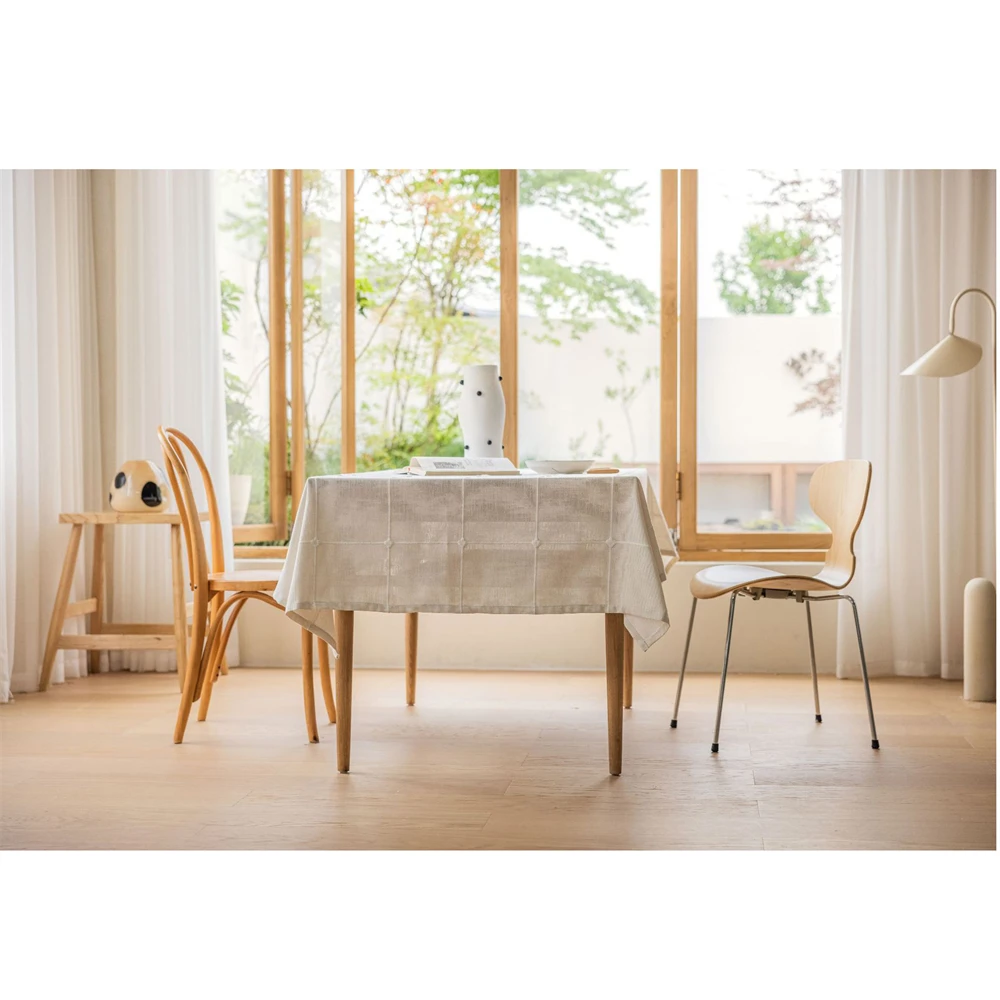 White Large Rectangle Embroidery Solid Tablecloth Cotton Linen Blend Dust-Proof Table Cover for Kitchen Dinning Tabletop Decor