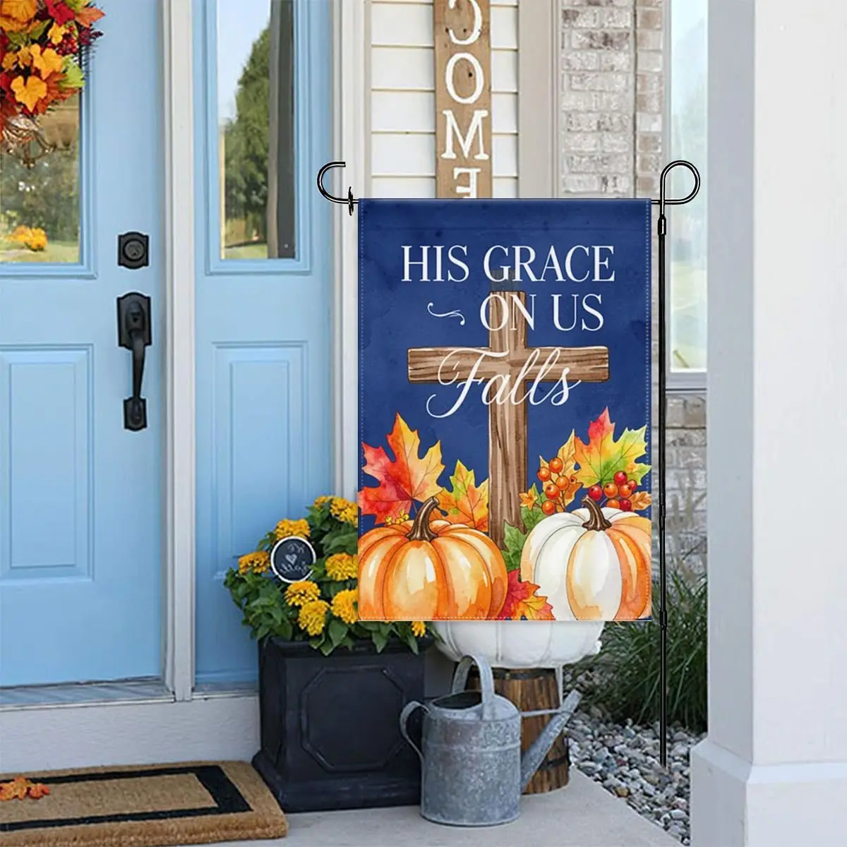 His Grace On Us Falls Garden Flag 12x18 Inch Double Sided – Autumn Harvest Pumpkin Cross Religious Yard Decoration for Outdo aaz