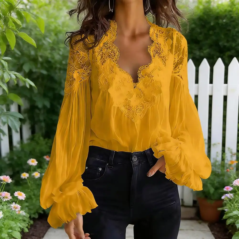 

Women's Blouse Solid Color Elegant Sexy V-neck Lace Splicing Lantern Sleeve Shirt Tops Office Commuter Chic Shirt For Female