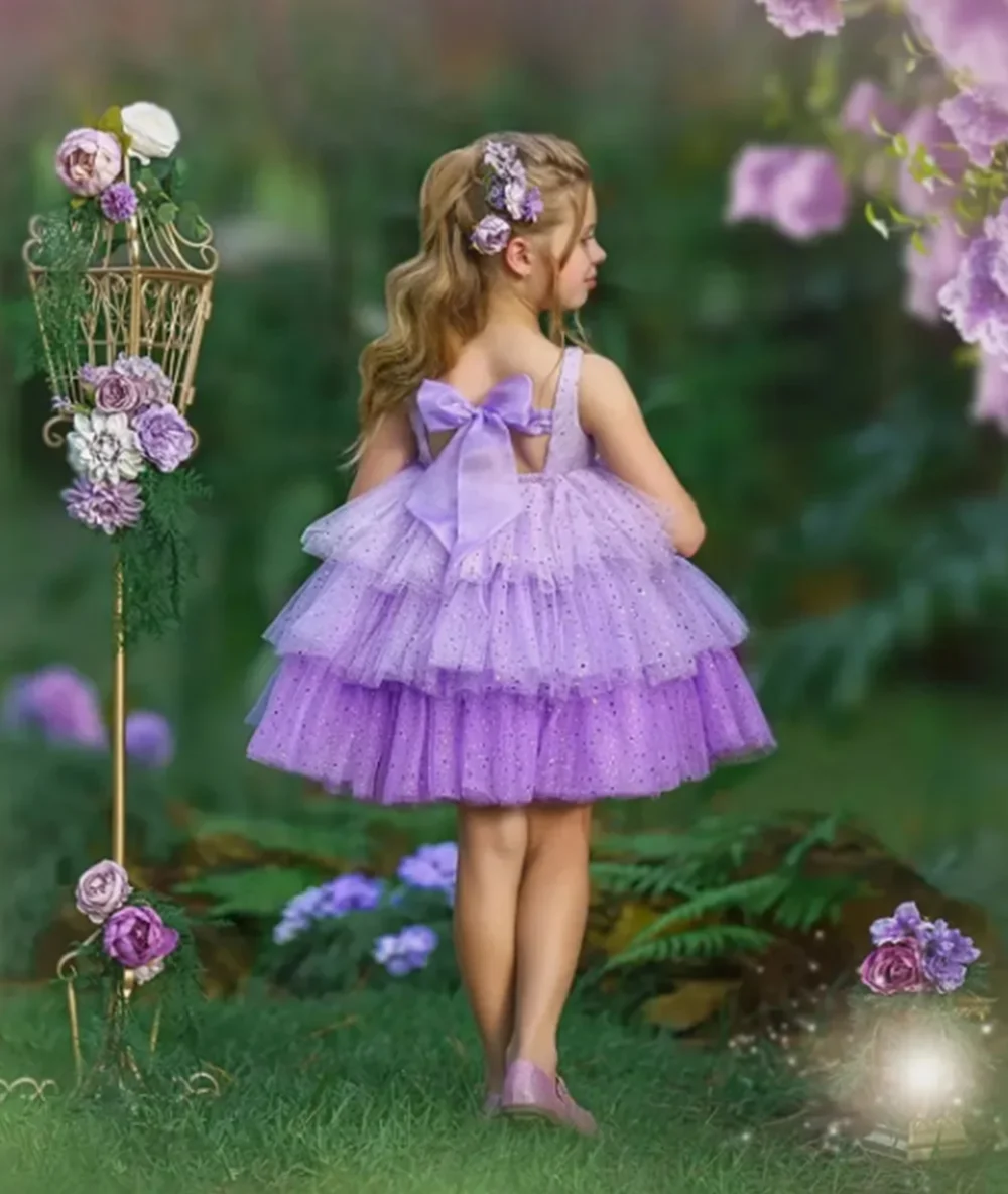 

Фиолетовые платья с цветочным узором для девочек по индивидуальному заказу на свадьбу, многослойное платье с открытой спиной и блестками и бантом, детское платье для первого причастия на день рождения