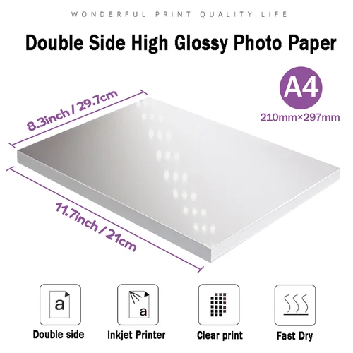 Imagen 2 del producto Papel fotográfico brillante de doble cara HUSPER A4, 50 hojas, 120/140/160/180/200/240/260/300gsm para impresora de inyección de tinta, papel de impresión brillante