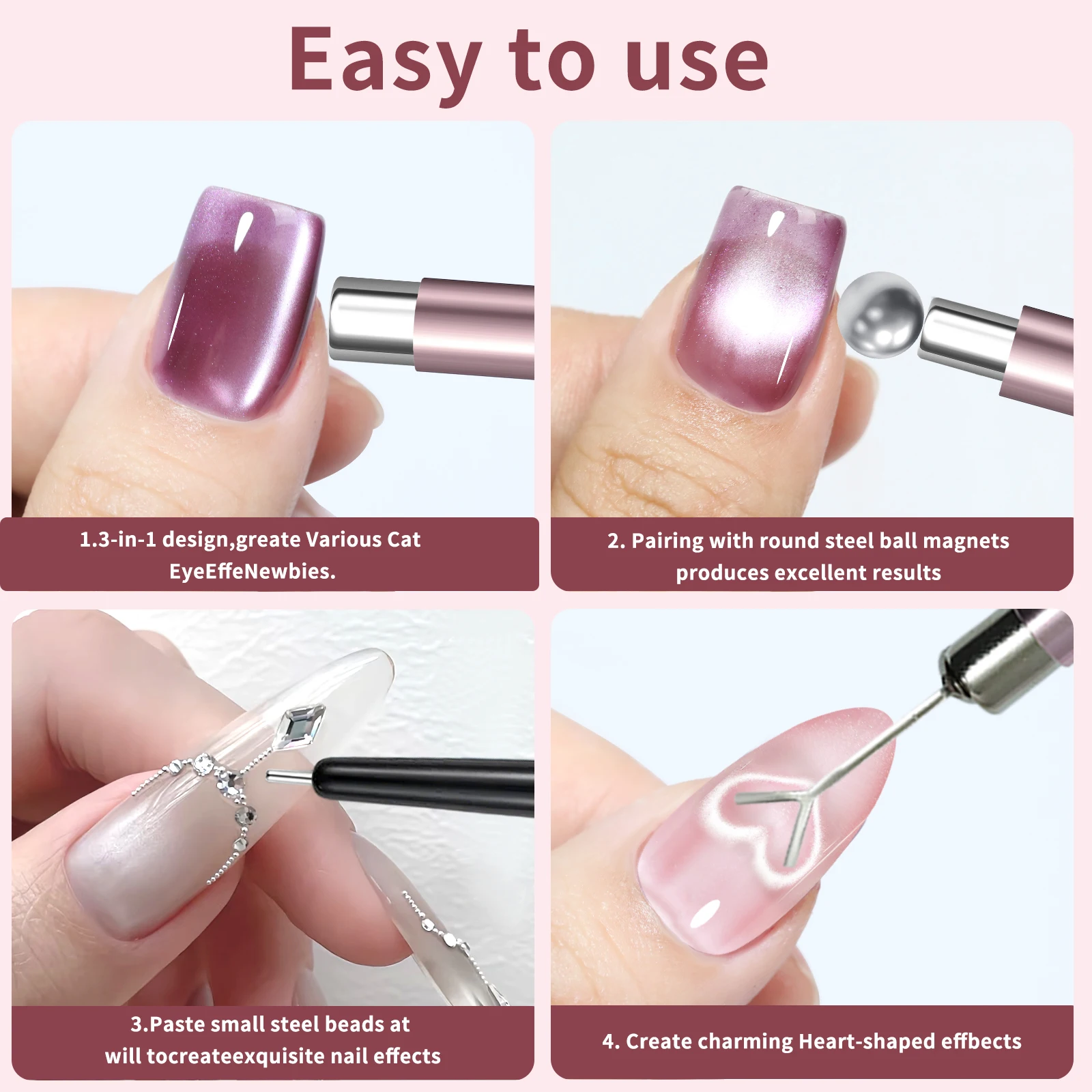 4-in-1 Katzenaugen-Nagelmagnet-Set, magnetischer Stift, runder Herz-Magnetstift für Katzenaugen-Gel-Nagellack, DIY-Salon-Nagelkunst-Maniküre-Werkzeuge – Detail 6