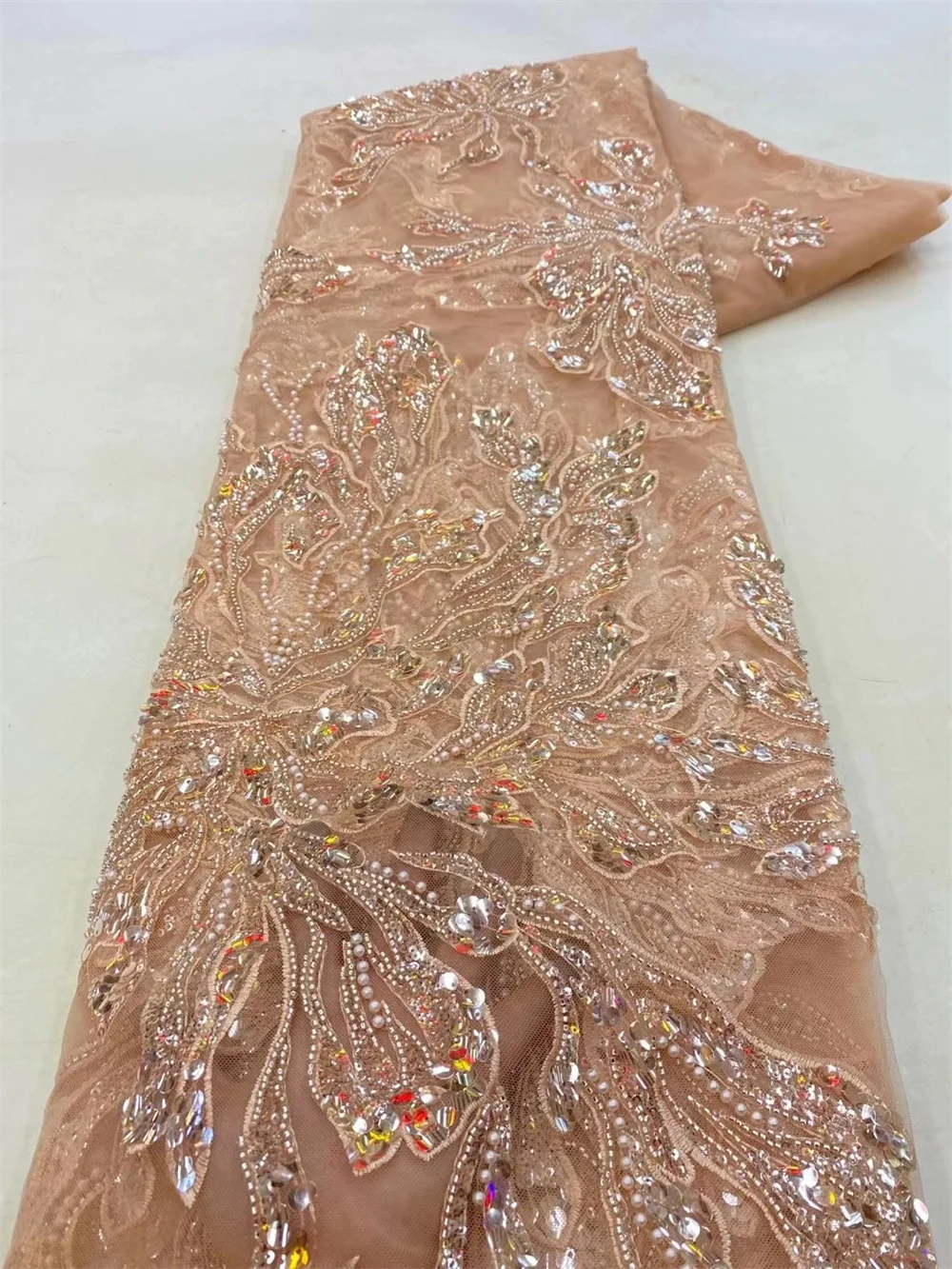High-End Handmade Beaded Lace Fabric Embroidery French Lace Wedding Dress Embroidered Aqua Tulle Fabric