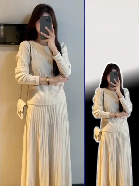 

plus Size Warmth Knitted Stand Collar Vest And Pleated Skirt Two Piece Set for Women Autumn Winter Faion Casual Slimming