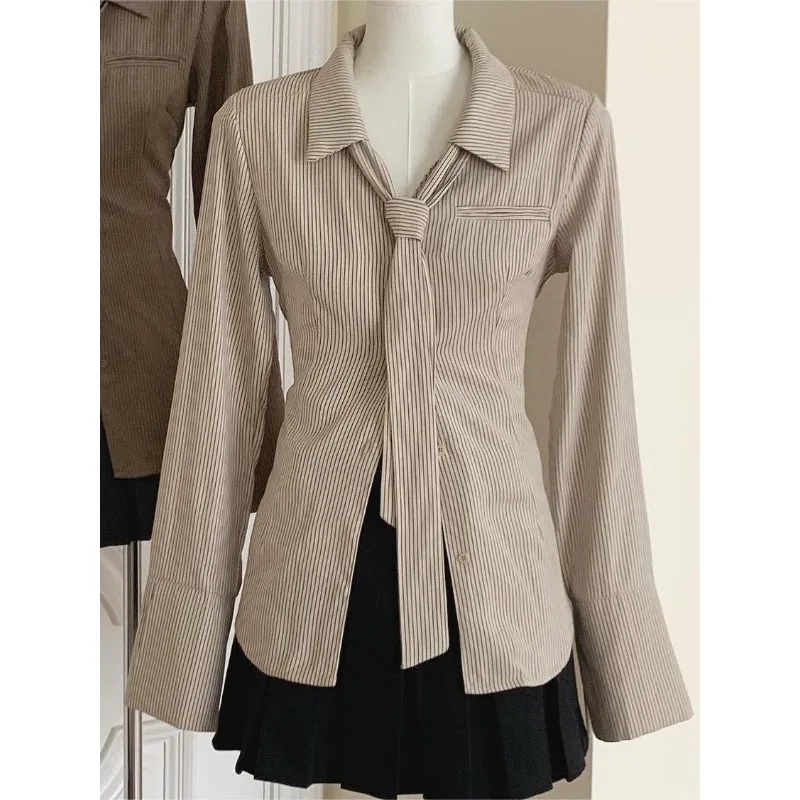 HOUZHOU 2024 Spring Striped Shirts with Tie Long Sleeve Vintage Slim Women Blouse Korean Fashion Aesthetic Old Money Clothes