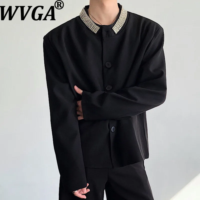 

WVGA Spring Autumn New Men Tide Heavy Diamond Embellished Padded Shoulder O-Neck Blazer Niche Chic Casual Suit Jacket Ins W16221