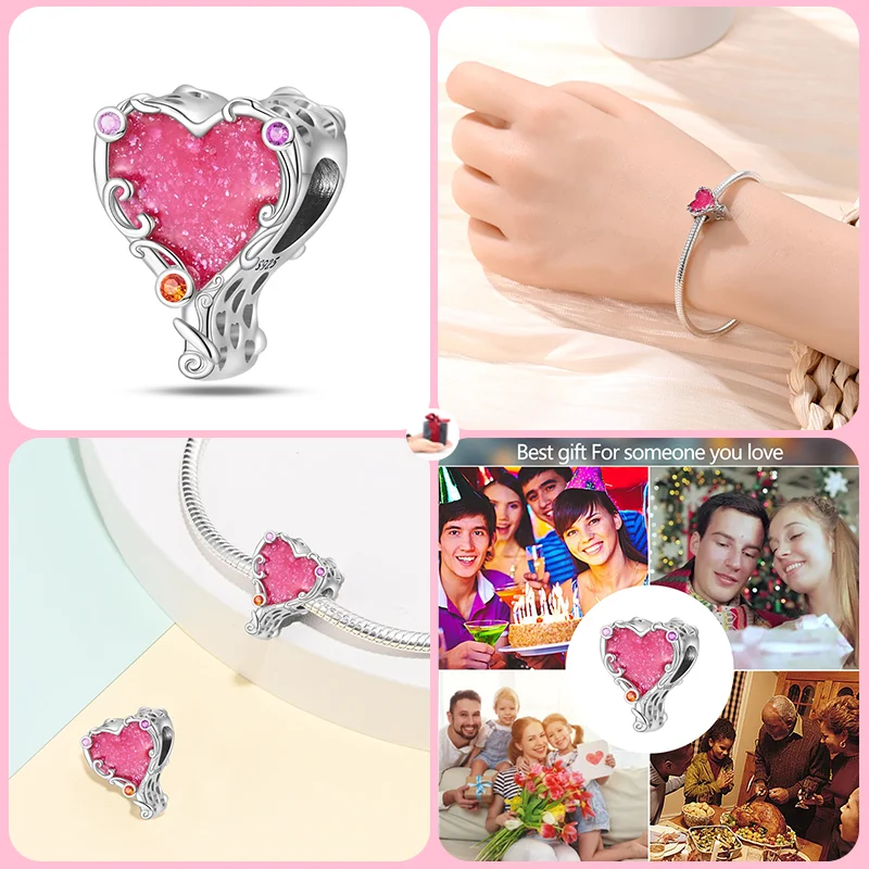 925 Sterling Silver Crystal Slippers Pink Collection adolescent girls Style Charm Beads For Pandora Original Bracelet DIY Gif