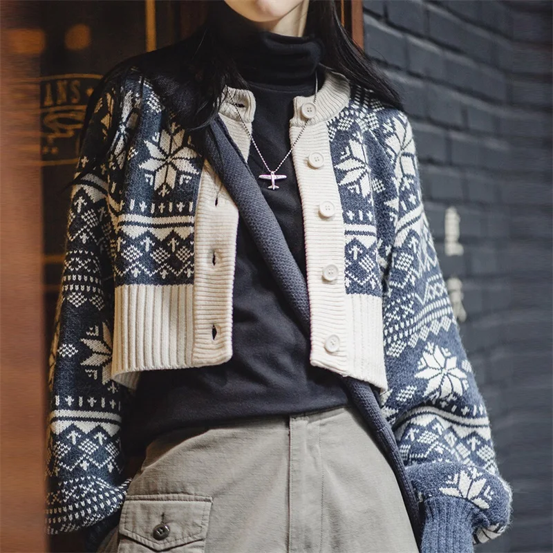 

Maden Women’s Fair Isle Knit Cardigan Autumn Winter Warm Jacquard Short Sweater Coat Long Sleeve Layering Top