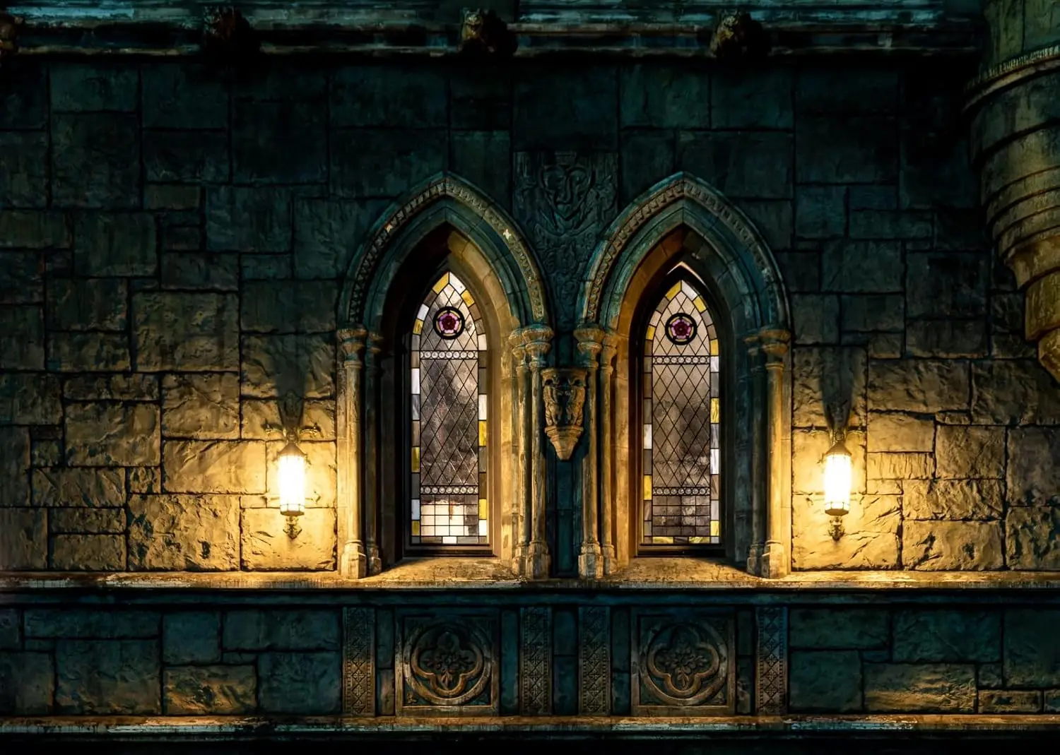 Gothic Castle Ancient Medieval Stone Castle Arched Windows Dim Light Halloween Evil Party photo background photography backdrop
