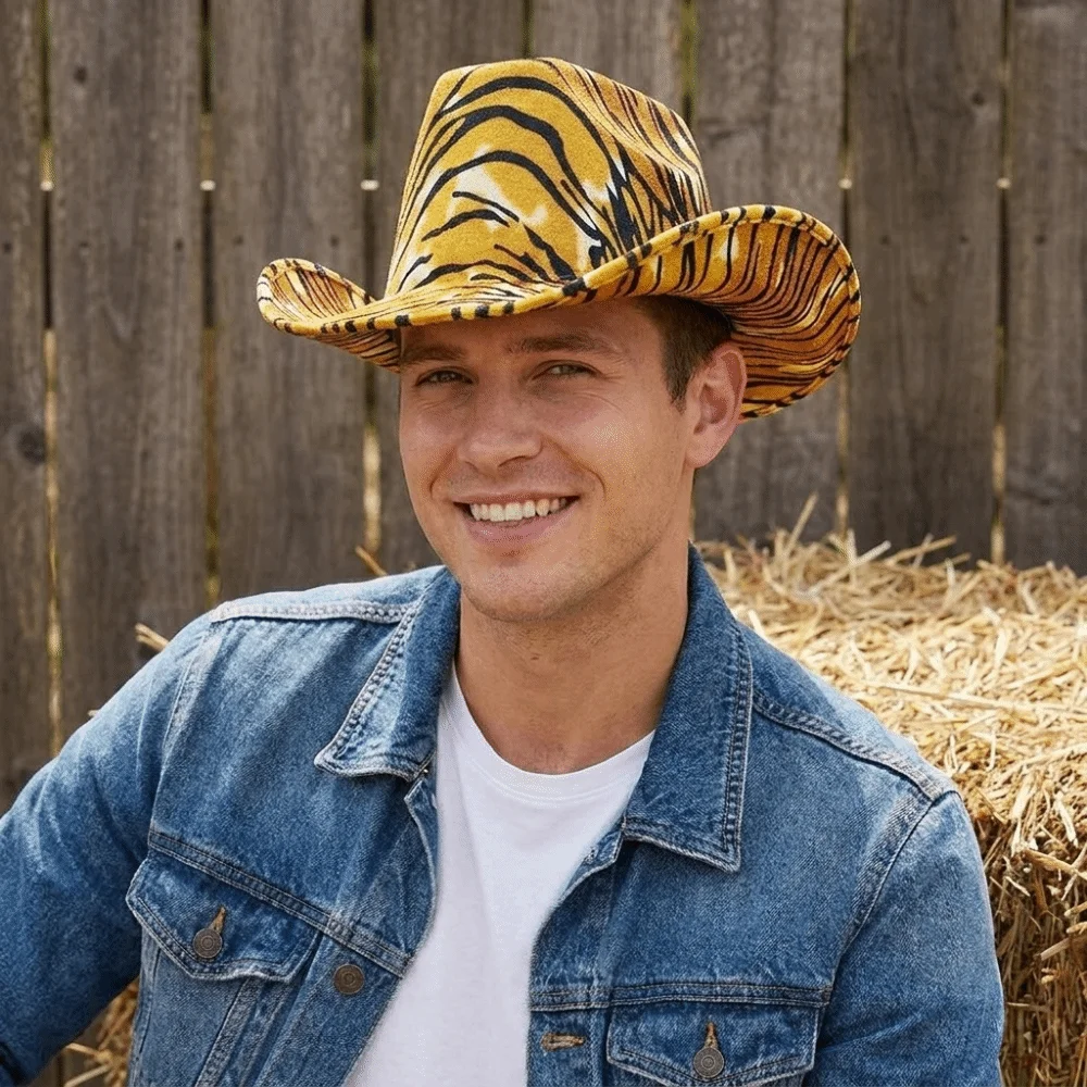 Fashion Cow Printed Bowler Hat Leopard Printed Tiger Western Cowboy Hat Drawstring Windproof Cowgirl Hat Prom