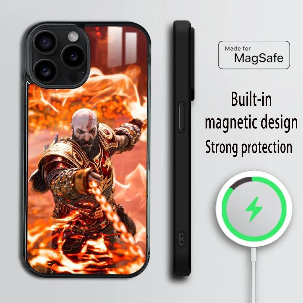 Kratos G-God of War Phone Case For iPhone 16 15 14 13 12 11 Pro Max Plus Mini Magsafe Mirror Wireless Magnetic Cover